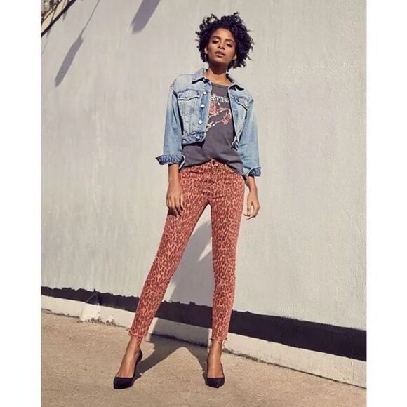 MOTHER Looker High-Rise Leopard Ankle Fray Skinny Jeans in Animal Attraction Siz - Picture 1 of 12